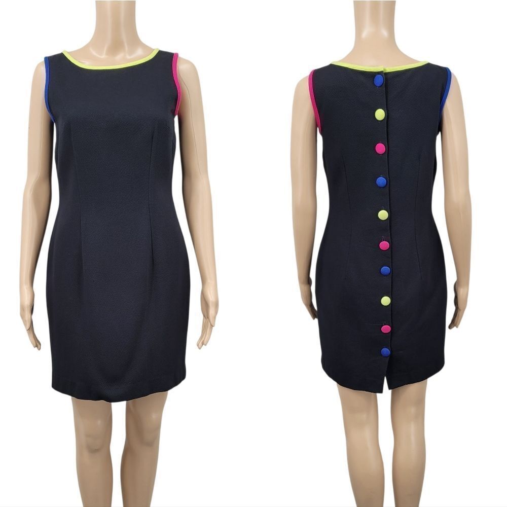 Vintage Black Sheath Midi Dress with Colorful Trim and Buttons Up Back